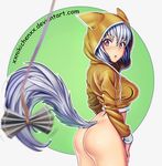  :o ass blue_hair blurry bottomless breasts commentary depth_of_field facial_mark focused foreshortening highres hood hoodie medium_breasts nikita_varb original parted_lips red_eyes round_teeth shaking short_hair solo tail teeth thighs 
