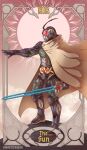  1boy antennae armor belt card_(medium) compound_eyes energy_sword giganticbrush gloves helmet highres holding holding_weapon kamen_rider kamen_rider_black_rx kamen_rider_black_rx_(series) kingstone male_focus red_eyes revolcane rider_belt roman_numeral solo standing sword tarot tarot_(medium) the_sun_(tarot) tokusatsu weapon 