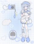  1girl am314 apron bandaid bandaid_on_knee bandaid_on_leg blue_eyes blue_slippers camera commission food full_body grid_background highres holding_strap leg_warmers long_hair looking_at_viewer mask mask_on_head original sample_watermark short_sleeves skeb_commission sleep_mask slippers socks solo standing striped_clothes striped_socks taiyaki tamagotchi_(virtual_pet) twintails virtual_pet_(toy) wagashi watermark white_apron white_leg_warmers 