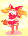  &lt;3 2017 anthro basket braixen canine clothed clothing dress female fur heart_nose hi_res inner_ear_fluff little_red_riding_hood_(copyright) mammal nintendo open_mouth orange_fur picnic_basket pok&eacute;mon ribbons simple_background solo stick unknownlifeform video_games white_fur yellow_background yellow_eyes yellow_fur 