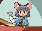  1girl :d animal_ear_fluff animal_ears black_dress black_eyes blue_capelet blush capelet commentary_request dress grey_hair highres jewelry kasuya_baian long_sleeves looking_at_viewer mouse_ears mouse_girl nazrin necklace open_mouth pointing pointing_with_thumb shirt short_hair smile solo touhou upper_body white_shirt 