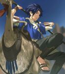  1boy bird blue_hair blue_hoodie cai_(fire_emblem) chicken dark-skinned_male dark_skin fire_emblem fire_emblem:_fortune's_weave highres holding holding_polearm holding_weapon hood hood_down hoodie looking_at_viewer male_focus nakmini polearm two-tone_hoodie weapon white_hoodie yellow_eyes 