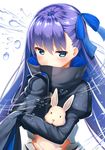  bangs blue_eyes blue_ribbon blush bunny commentary_request covered_mouth eyebrows_visible_through_hair fate/extra fate/extra_ccc fate_(series) hair_between_eyes hand_up juliet_sleeves kurotobi_rarumu long_hair long_sleeves looking_at_viewer meltlilith object_hug puffy_sleeves purple_hair ribbon simple_background sleeves_past_wrists solo stuffed_animal stuffed_bunny stuffed_toy tsurime upper_body very_long_hair water_drop white_background 