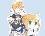  1girl ^_^ ahoge armor arthur_pendragon_(fate) artist_request artoria_pendragon_(all) blonde_hair blue_background chibi closed_eyes excalibur fate/grand_order fate/prototype fate/stay_night fate_(series) flower gloves green_eyes jitome petting riyo_(lyomsnpmp)_(style) saber simple_background smile upper_body 