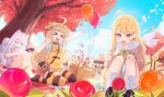  >_< +_+ 3girls ahoge animal_ears balloon basket bell blonde_hair bow candy character_request closed_eyes cloud daran9 day dog_ears dog_girl dog_tail flower food hair_bow lollipop long_hair multiple_girls outdoors red_eyes red_leaf shoes sitting sky smile socks striped_clothes striped_thighhighs tail thighhighs tree trickcal wariza 