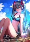 :d absurdres arm_support artist_name beach bikini blue_eyes blue_hair breasts cleavage cloud cloudy_sky collarbone day eyebrows_visible_through_hair frilled_bikini_bottom hair_between_eyes hair_ornament hatsune_miku highres long_hair navel ocean open_mouth outdoors qingye_ling sky small_breasts smile solo striped striped_bikini swimsuit twintails very_long_hair vocaloid water wet 
