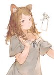  animal_ears bangs bare_shoulders blush bottle brown_hair cat_ears closed_mouth collarbone commentary_request grey_eyes grey_shirt highres junwool long_hair messy_hair off_shoulder original partially_colored shirt sketch solo spray_bottle swept_bangs wavy_mouth white_background 