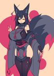  &lt;3 5_fingers absurd_res animal_humanoid arm_warmers armwear beige_skin big_breasts black_fur black_hair blue_eyes blush bow_tie breasts canine clothing dipstick_tail female fox fox_humanoid fur hair half-closed_eyes hi_res huge_breasts humanoid inner_ear_fluff kiri_(sub-res) legwear long_hair mammal multicolored_tail one_eye_closed open_mouth smile solo stockings sub-res v_sign voluptuous wide_hips 