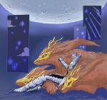  1boy animal armor cerberus dog elden_ring elden_ring_nightreign eye_mask full_armor full_body gauntlets gladius_(elden_ring) greaves helmet heolstor_the_nightlord highres moon night outdoors pauldrons shoulder_armor sitting spiked_helmet star_(sky) sugulu yellow_eyes 