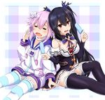  black_hair breasts checkered checkered_background choker closed_eyes d-pad d-pad_hair_ornament food hair_ornament hair_ribbon hood hooded_jacket jacket mctom medium_breasts multiple_girls neptune_(choujigen_game_neptune) neptune_(series) noire panties pantyshot popsicle purple_hair red_eyes ribbon ribbon_choker short_hair striped striped_legwear striped_panties sweat thighhighs twintails underwear white_panties 