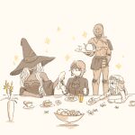  1boy 3girls armor ascot blush bowl breastplate cake cake_slice chewing cup dress duchess_(elden_ring) elden_ring elden_ring_nightreign executor_(arknights) eye_mask flower_wreath food fork fruit greyscale hat hat_over_eyes head_wreath helmet highres holding holding_cloth holding_fork holding_plate kettle long_hair low_ponytail monochrome multiple_girls plate ponytail profile recluse_(elden_ring) revenant_(elden_ring) shirt shoulder_armor smile spot_color sugulu vase wide_sleeves witch witch_hat 