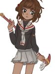  brown_hair cardcaptor_sakura cowboy_shot fuuin_no_tsue green_eyes hair_bobbles hair_ornament kinomoto_sakura long_sleeves looking_to_the_side magical_girl miniskirt open_mouth pleated_skirt school_uniform season_(artist) short_hair skirt solo tomoeda_elementary_school_uniform white_background white_skirt 