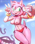  2017 amy_rose anthro areola being_watched bikini black_nose blush bracelet breasts cellphone clothed clothing cloud english_text female gloves green_eyes hair hairband hedgehog holding_object holding_phone jewelry mammal monster navel nipples open_mouth patreon phone pink_body pink_hair pink_skin sallyhot selfie short_hair solo_focus sonic_(series) swimsuit text topless v_sign video_games 