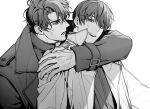  2boys angry arm_around_neck bab_du_666 belt black_coat black_eyes black_hair black_shirt coat curtained_hair greyscale highres kim_dokja looking_at_another male_focus monochrome multiple_boys omniscient_reader&#039;s_viewpoint open_clothes open_coat popped_collar shirt short_hair sweat upper_body white_coat yoo_joonghyuk 