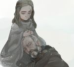  1girl a_song_of_ice_and_fire beard braid braiding_hair brown_hair cloak davos_seaworth facial_hair facial_scar game_of_thrones grey_eyes grey_hair hairdressing lap_pillow scar season_(artist) shireen_baratheon snowing 