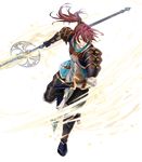  boots electricity fire_emblem fire_emblem_heroes fire_emblem_if full_body gloves highres long_hair male_focus official_art open_mouth polearm ponytail red_eyes red_hair solo spear teeth transparent_background tsubaki_(fire_emblem_if) weapon yura_(ub4u) 