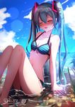  absurdres arm_support artist_name beach bikini blue_hair breasts cleavage cloud cloudy_sky collarbone crying day eyebrows_visible_through_hair frilled_bikini_bottom hair_between_eyes hair_ornament hatsune_miku highres long_hair navel ocean open_mouth outdoors qingye_ling sky small_breasts smile solo striped striped_bikini swimsuit tears twintails very_long_hair vocaloid water wet 