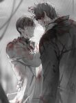 2boys bab_du_666 black_coat black_eyes black_hair black_shirt blood blood_from_forehead blood_in_hair blood_on_clothes blood_on_face blurry blurry_background coat collared_shirt hand_on_another&#039;s_neck highres kim_dokja limited_palette looking_at_another male_focus multiple_boys omniscient_reader&#039;s_viewpoint popped_collar rain shirt short_hair smile white_coat yoo_joonghyuk 