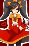  ashley_(warioware) bangs big_hair black_hair black_legwear closed_mouth commentary_request cowboy_shot demon dress fangs hairband heart highres holding holding_stuffed_animal long_hair long_sleeves looking_up neckerchief orange_hairband orange_neckwear outline pantyhose papeko pitchfork red_(warioware) red_background red_dress red_eyes simple_background sketch skull standing stuffed_animal stuffed_bunny stuffed_toy twintails warioware white_outline 