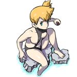  1girl alternate_costume arm_up bare_shoulders black_swimsuit blue_eyes breasts bule collarbone feet from_above highres kasumi_(pokemon) looking_at_viewer looking_to_the_side looking_up medium_breasts navel nipple_slip nipples one-piece_swimsuit orange_hair pokeball pokemon pokemon_rgby ponytail rock shiny_skin short_hair side_ponytail simple_background sitting solo spread_legs swimsuit tied_hair turtleneck water white_background 