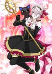  animalization arjuna_(fate/grand_order) bad_id bad_pixiv_id bare_shoulders black_cat blue_eyes boots cat crossdressing dress elbow_gloves fate/apocrypha fate/grand_order fate_(series) frilled_dress frills gloves gold_trim hair_ribbon hairband heterochromia karna_(fate) kurusushiki magical_girl male_focus pale_skin red_eyes ribbon staff thigh_boots thighhighs wand white_hair 