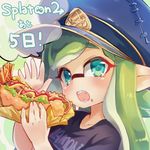  bangs black_shirt blue_hat blunt_bangs conomi-c5 copyright_name domino_mask eating fangs food food_on_face green_eyes green_hair hat holding holding_food hot_dog inkling long_hair looking_at_viewer mask open_mouth peaked_cap pointy_ears portrait shirt splatoon_(series) splatoon_2 t-shirt tentacle_hair twitter_username 