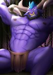  2017 abs alistar_(lol) angry bdsm bondage bound bovine cattle chain clothing facial_piercing horn league_of_legends loincloth looking_at_viewer male mammal nipples nose_piercing pecs piercing purple_skin riot_games scar sudo_kurokawa video_games 
