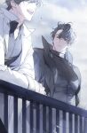  2boys against_railing bab_du_666 black_coat black_hair black_shirt coat collared_shirt crew_neck curtained_hair day hair_flowing_over highres kim_dokja looking_at_another male_focus multiple_boys omniscient_reader&#039;s_viewpoint open_clothes open_coat outdoors pectorals popped_collar railing shirt short_hair talking tight_clothes white_coat wind yoo_joonghyuk 