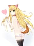  animal_ears areolae azuki_azusa bangs black_legwear blonde_hair blush breasts collar cowboy_shot dog_ears dog_tail flat_chest green_eyes haaaaayu heart hentai_ouji_to_warawanai_neko. highres holding holding_hair long_hair looking_at_viewer nipples panties panty_pull pink_panties self_upload shoulder_blades small_breasts smile solo tail thighhighs topless underwear underwear_only 