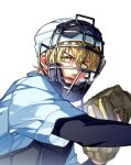  1boy 999993nine arm_up baseball_jersey baseball_mitt blonde_hair boukyaku_battery catcher's_mask catcher_(baseball) colorized hair_between_eyes jersey kaname_kei layered_sleeves long_sleeves looking_to_the_side lower_teeth_only male_focus open_mouth short_over_long_sleeves short_sleeves simple_background solo teeth upper_body white_background yellow_eyes 