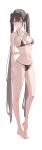  1girl absurdres arm_behind_back banpen bare_arms bare_legs bare_shoulders bikini black_bikini black_hair breasts closed_mouth collarbone commentary covered_nipples feet hair_between_eyes hair_ornament hairclip highres large_breasts legs long_hair looking_at_viewer mole_beside_mouth nail_polish navel orange_nails original solo standing stomach string_bikini swimsuit toenails toes twintails very_long_hair yellow_eyes 