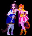  20years 2girls antenna_hair black_background brown_hair crown ears_down gloves hair_ribbon hands_on_own_hips highres horse_girl meisho_doto_(umamusume) multicolored_hair multiple_girls orange_hair pantyhose purple_eyes ribbon sad smug t.m._opera_o_(umamusume) teardrop thighhighs umamusume 