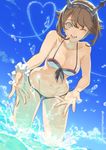  bangs bare_shoulders bikini blush breasts brown_hair cleavage cloud collarbone commentary_request condensation_trail cosmic_(crownclowncosmic) day flipped_hair front-tie_bikini front-tie_top green_eyes headgear highres kantai_collection large_breasts looking_at_viewer mutsu_(kantai_collection) navel ocean one_eye_closed open_mouth radio_antenna round_teeth short_hair side-tie_bottom sky smile solo splashing swimsuit teeth twitter_username wading water 