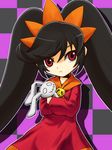  ashley_(warioware) bangs big_hair black_hair checkered checkered_background closed_mouth commentary_request cowboy_shot dress flat_chest hairband holding holding_stuffed_animal long_hair long_sleeves looking_at_viewer neckerchief orange_hairband orange_neckwear outline red_dress red_eyes shadow sidelocks skull solo standing stuffed_animal stuffed_bunny stuffed_toy tendoast twintails two-tone_background very_long_hair warioware white_outline 