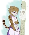  alternate_version_available balls blue_eyes blush cheetah clothing cub feline japanese_text male mammal navel peeing penis shirt shirt_pull shorts shorts_pull text translation_request uncut urine whiskers young 蛸山葵つるべ 