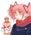  1boy 1girl :3 :d blush bow cosplay costume_switch crossdressing crossdressing_(mtf) daydweaaaamm dress english_commentary eyelashes hair_bow highres itadori_yuuji jujutsu_kaisen jujutsu_tech_uniform kaname_madoka kaname_madoka_(magical_girl) mahou_shoujo_madoka_magica medium_hair open_mouth orange_eyes pink_dress pink_eyes pink_hair red_hood scar scar_on_cheek scar_on_face short_hair short_twintails simple_background sketch smile twintails upper_body white_background yellow_eyes 