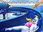  aijou averyshadydolphin big_breasts breasts claudia_(averyshadydolphin) dragon female hair happy huge_breasts huge_hips looking_at_viewer red_hair sokajou swimming_pool terrajou vixie_(averyshadydolphin) water_slide wide_hips yaojou 