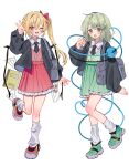  2girls :d ;d alternate_costume bag black_jacket black_necktie blazer blonde_hair bow collared_shirt commentary_request fang flandre_scarlet frilled_skirt frills full_body green_eyes green_hair green_shoes green_vest hair_between_eyes hair_bow hand_up highres jacket komeiji_koishi leg_warmers long_hair long_sleeves looking_at_viewer medium_hair multiple_girls necktie notebook one_eye_closed one_side_up open_mouth pink_vest pleated_skirt protractor puffy_long_sleeves puffy_sleeves red_bow red_eyes red_shoes red_skirt school_bag school_uniform set_square shirt shoes shoulder_bag simple_background skin_fang skirt smile standing standing_on_one_leg tamagogayu1998 third_eye touhou v vest white_background white_leg_warmers white_shirt wings 