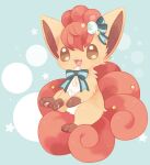  3_toes abstract_background accessory ambiguous_gender bow_tie brown_body brown_eyes brown_fur brown_inner_ear brown_markings canid canine curled_tail digital_media_(artwork) digitigrade egg feet feral fur gem generation_1_pokemon gloves_(marking) hair hair_accessory hair_ribbon leg_markings mammal markings multi_tail nintendo open_mouth open_smile orange_body orange_fur orange_hair orange_tail pawpads paws pearl_(gem) pink_pawpads pokemon pokemon_(species) ribbons smile socks_(marking) solo star star_accessory striped_ribbon tail tan_body tan_fur teal_ribbon toes unavailable_at_source vulpix white_body white_fur white_markings 道るに 