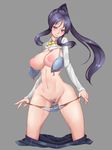  1girl areolae black_hair blue_bra bluespice blush bra breasts breasts_outside curvy female head_tilt highres large_areolae large_breasts long_hair looking_at_viewer navel nipples open_bra panties panty_pull ponytail pubic_hair puffy_nipples purple_eyes pussy shirt shirt_lift simple_background skirt skirt_around_legs solo tokimeki_memorial_4 uncensored underwear wide_hips 