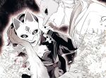  1boy 1girl black_serafuku flower fox_mask fox_mask_(silent_hill) hayashi_269 highres japanese_clothes kimono low_ponytail mask mismatched_arms monster_arm ponytail robe school_uniform serafuku shimizu_hinako silent_hill_(series) silent_hill_f spider_lily torn_sleeve 