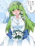  :d blue_bow blush bouquet bow breasts bridal_veil commentary dress eyebrows_visible_through_hair eyes_visible_through_hair flower frog_hair_ornament green_hair hair_ornament hair_tubes hammer_(sunset_beach) happy holding holding_bouquet kochiya_sanae large_breasts long_hair long_sleeves looking_at_viewer open_mouth smile snake_hair_ornament solo speech_bubble standing touhou translated veil wedding_dress 