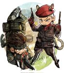  2boys animal_ears animal_in_mouth bandana beard beret camouflage chibi facial_hair gloves gun hat highres holding holding_gun holding_weapon knife load_bearing_equipment metal_gear_(series) metal_gear_solid_3:_snake_eater multiple_boys naked_snake red_gloves revolver revolver_ocelot snake spurs tail tropical_camouflage vk8568 weapon 