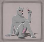  2017 3d_(artwork) 5_fingers alcohol anthro balls beverage black_eyes black_nails blush canine circumcised claws colored_nails digital_media_(artwork) drunk eric_(v--r) fur glass grey_fur long_penis male mammal muscular muscular_male naughty_face nipples nude on_ground pecs penis pink_penis simple_background sitting smile solo v--r wolf 