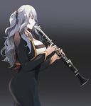  black_background black_dress breasts camilla_(fire_emblem_if) clarinet curvy dress fire_emblem fire_emblem_if holding holding_instrument instrument large_breasts lips long_hair music playing_instrument purple_hair simple_background smile solo wavy_hair 