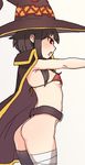  ass bandaged_leg bandages beige_background belt bikini_top black_belt black_hair black_legwear blush bottomless breasts brown_hair cape cowboy_shot flat_ass from_side hat jorin kono_subarashii_sekai_ni_shukufuku_wo! medium_hair megumin open_mouth profile red_bikini_top red_eyes sideboob simple_background single_thighhigh small_breasts solo thighhighs underboob witch_hat 