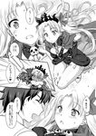  1girl @_@ asymmetrical_sleeves bangs blush bow breasts cape closed_eyes closed_mouth comic detached_collar dress earrings embarrassed ereshkigal_(fate/grand_order) eyebrows_visible_through_hair fate/grand_order fate_(series) fujimaru_ritsuka_(male) full-face_blush full_body greyscale hetero hug jewelry jumping long_hair long_sleeves looking_at_another medium_breasts monochrome mori_marimo open_mouth parted_bangs parted_lips shirt spine sweatdrop tiara translation_request twintails underwear 