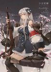  artist_name bare_shoulders black_footwear black_legwear bolt_action boots breasts cape character_name cherry_blossoms cleavage copyright_name fur_trim gawain_(artist) girls_frontline grey_sky gun hair_ribbon hat headwear_removed highres kar98k_(girls_frontline) large_breasts long_hair long_sleeves looking_at_viewer peaked_cap red_eyes ribbon rifle silver_hair sitting solo thigh_boots thighhighs weapon 