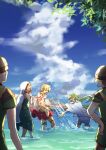  1girl 1other 3boys blonde_hair carimarica character_request closed_eyes cloud enkidu_(fate) fate/grand_order fate_(series) foliage gilgamesh_(fate) green_hair jewelry long_hair multiple_boys necklace ocean orange_hair red_tattoo robe short_hair smile splashing white_robe 
