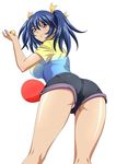  00s 1girl ass bare_legs bashoku_youjou blue_hair breasts cleavage curvy female hair_ornament huge_ass ikkitousen large_breasts looking_at_viewer looking_back navel purple_eyes short_shorts short_twintails shorts solo twintails 